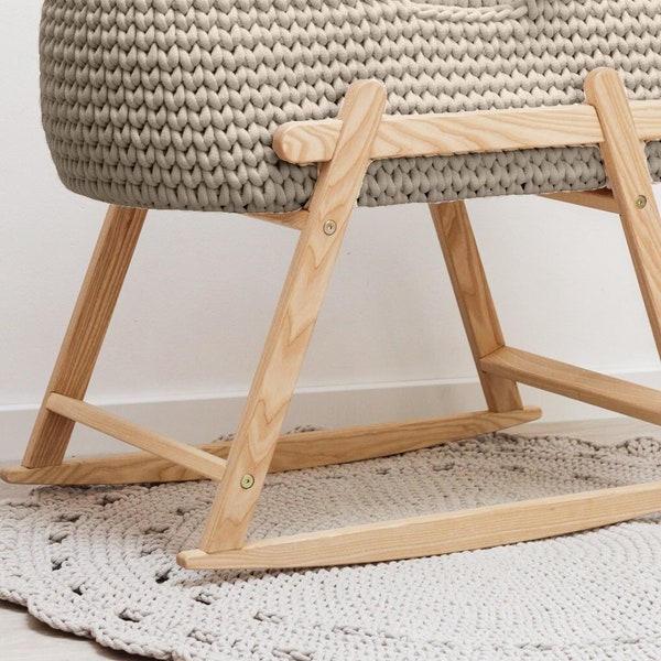 Soporte balancín para cesta de muñecas ReBorn, soporte de madera portador de cama de muñeca de 20" / 22", soporte de madera natural de cuna de juguete, soporte de moisés de juguete, regalo de niña