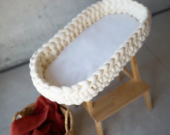 Panier à langer, gros fil ivoire au crochet, table à langer au crochet, décoration bohème neutre, matelas à langer