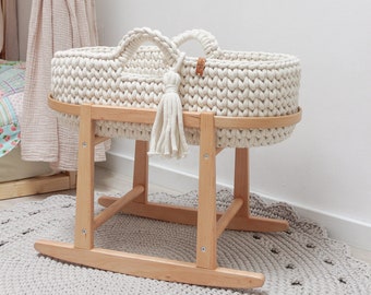 20, 22 Inches Doll White Crochet Basket with Wooden Rocking Stand, Big Doll Cradle Wooden Support, Toy Bed, Toddler Girl Gift, Daughter Gift