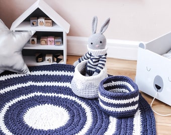 Set Rug and Basket, White Dark Blue Striped Set of Round Rug and Storage Basket, Toddler's room Storage, Navy Kids Room Decor, Toy Storage