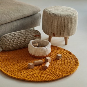 Set of Crocheted Rug and Basket, Mustard Round Rug, Knitted Rug, Area Rug, 2 Color Crochet Storage Basket with Handles, Toy Storage, Honey Kids Room Decor,  Cotton Baby Area Rug, Baby Room Decor, Nursery Toy Storage, Baby Play Mat