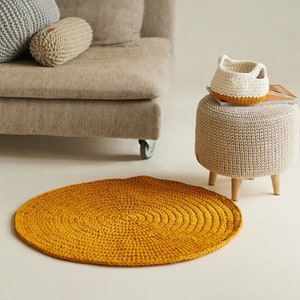 Set of Crocheted Rug and Basket, Mustard Round Rug, Knitted Rug, Area Rug, 2 Color Crochet Storage Basket with Handles, Toy Storage, Honey Kids Room Decor,  Cotton Baby Area Rug, Baby Room Decor, Nursery Toy Storage, Baby Play Mat