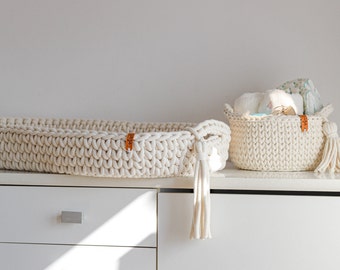 Set of White Crocheted Baby Changing Basket and Storage Basket in Natural Color, Baby Changing Mat, Diaper Storage, Neutral Nursery Decor