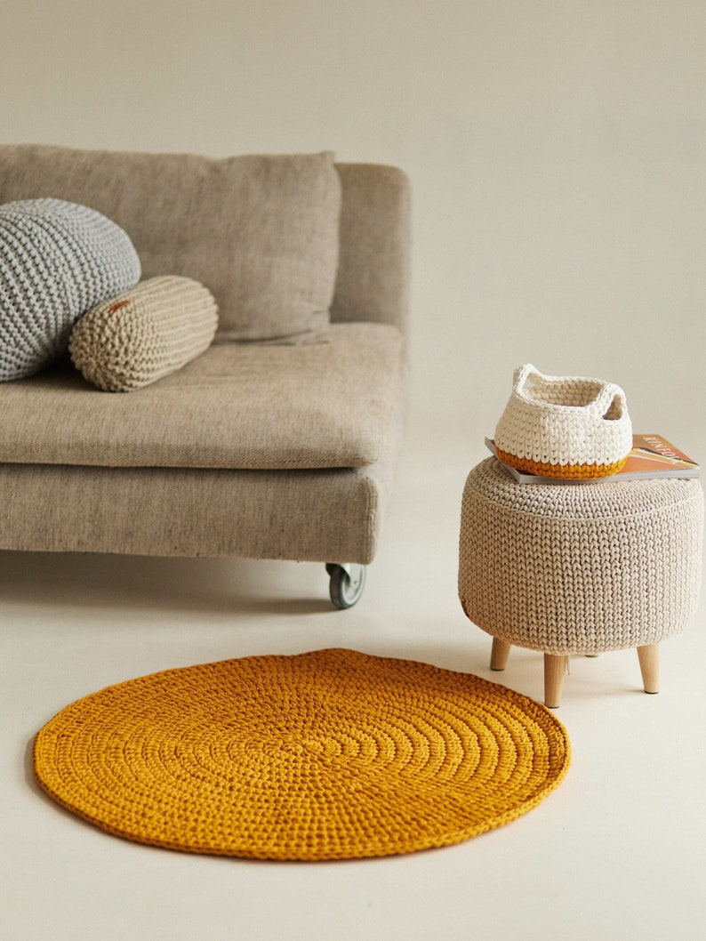 Set of Crocheted Rug and Basket, Mustard Round Rug, Knitted Rug, Area Rug, 2 Color Crochet Storage Basket with Handles, Toy Storage, Honey Kids Room Decor,  Cotton Baby Area Rug, Baby Room Decor, Nursery Toy Storage, Baby Play Mat