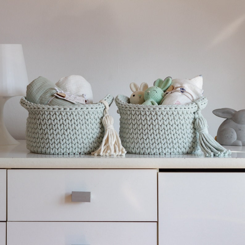 Dust Mint Cotton Crochet Diaper Basket, Mint Crochet Storage Basket, Neutral Nursery Decor, Baby Shower Gift, Mom To Be Gift, New Parents Gift, Baby Dresser Storage, Milk Green Nursery Storage, Toy Storage, Changing Table Diaper Storage, Bath Storage