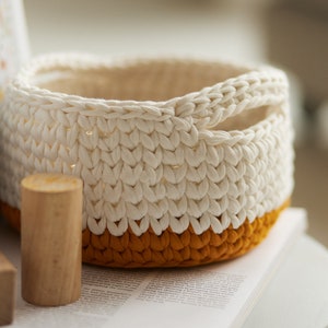 Set of Crocheted Rug and Basket, Mustard Round Rug, Knitted Rug, Area Rug, 2 Color Crochet Storage Basket with Handles, Toy Storage, Honey Kids Room Decor,  Cotton Baby Area Rug, Baby Room Decor, Nursery Toy Storage, Baby Play Mat