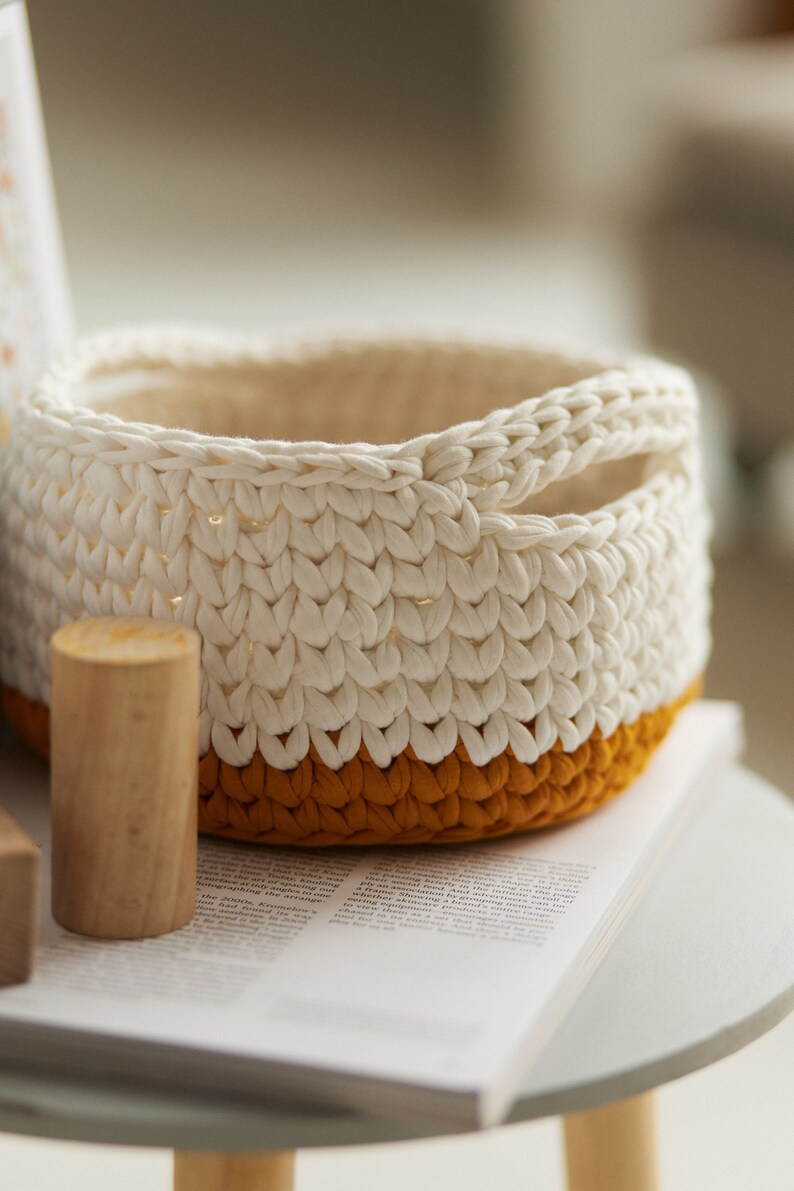 Set of Crocheted Rug and Basket, Mustard Round Rug, Knitted Rug, Area Rug, 2 Color Crochet Storage Basket with Handles, Toy Storage, Honey Kids Room Decor,  Cotton Baby Area Rug, Baby Room Decor, Nursery Toy Storage, Baby Play Mat