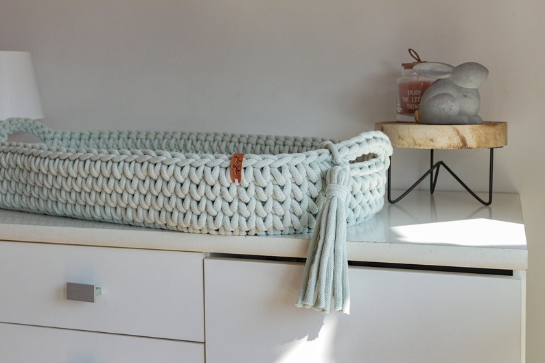 Crocheted Changing Basket, Baby Changing Basket with Mattress 46 Amazing Colors,  Baby Changing Mat, Pastel Dusty Mint Baby Changing Table, Nursery Accessories, Scandinavian Nursery Decor, Neutral Nursery Decor, Natural, Beige, Baby Shower Gift