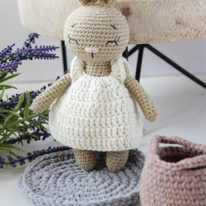 Stuffed Toy Bunny with Clothes and Accessories, Cute Mini Beige Cappuccino Crochet Bunny, Gift for girl, Toddler Girl Gift, Baby Gift Idea image 9