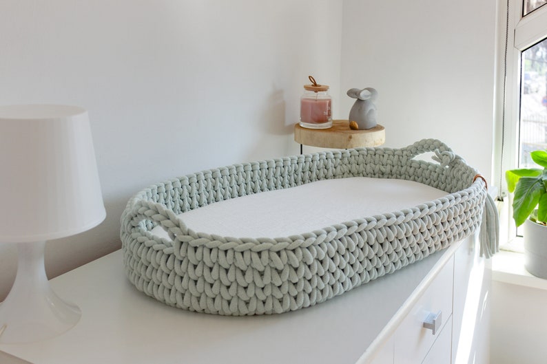 Crocheted Changing Basket, Baby Changing Basket with Mattress 46 Amazing Colors,  Baby Changing Mat, Pastel Dusty Mint Baby Changing Table, Nursery Accessories, Scandinavian Nursery Decor, Neutral Nursery Decor, Natural, Beige, Baby Shower Gift