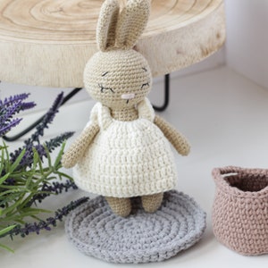 Stuffed Toy Bunny with Clothes and Accessories, Cute Mini Beige Cappuccino Crochet Bunny, Gift for girl, Toddler Girl Gift, Baby Gift Idea image 1