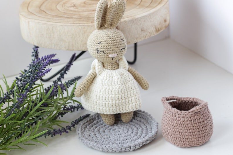 Stuffed Toy Bunny with Clothes and Accessories, Cute Mini Beige Cappuccino Crochet Bunny, Gift for girl, Toddler Girl Gift, Baby Gift Idea image 1