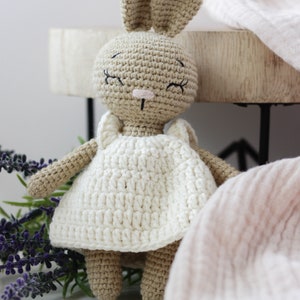 Stuffed Toy Bunny with Clothes and Accessories, Cute Mini Beige Cappuccino Crochet Bunny, Gift for girl, Toddler Girl Gift, Baby Gift Idea image 4