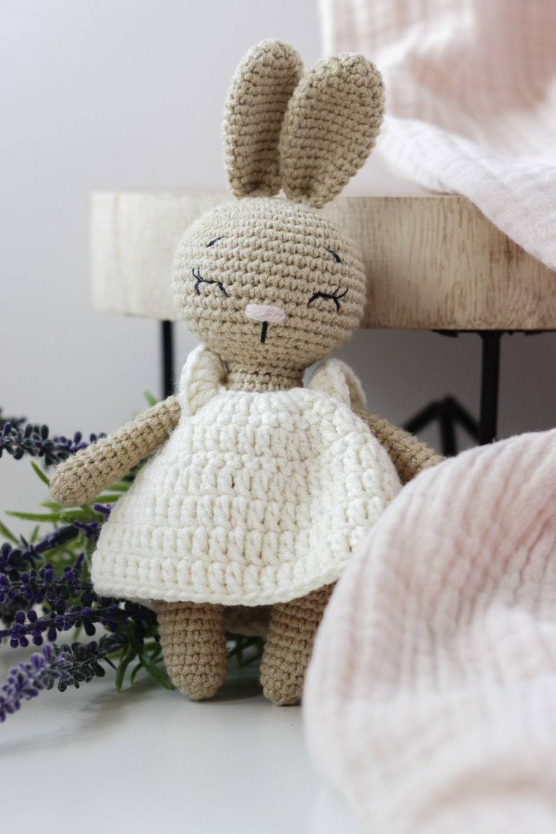 Stuffed Toy Bunny with Clothes and Accessories, Cute Mini Beige Cappuccino Crochet Bunny, Gift for girl, Toddler Girl Gift, Baby Gift Idea image 4