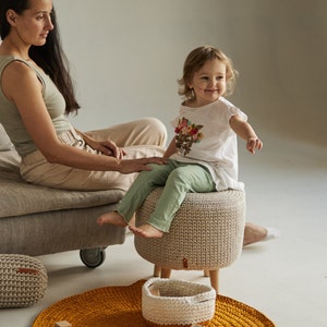 Set of Crocheted Rug and Basket, Mustard Round Rug, Knitted Rug, Area Rug, 2 Color Crochet Storage Basket with Handles, Toy Storage, Honey Kids Room Decor,  Cotton Baby Area Rug, Baby Room Decor, Nursery Toy Storage, Baby Play Mat