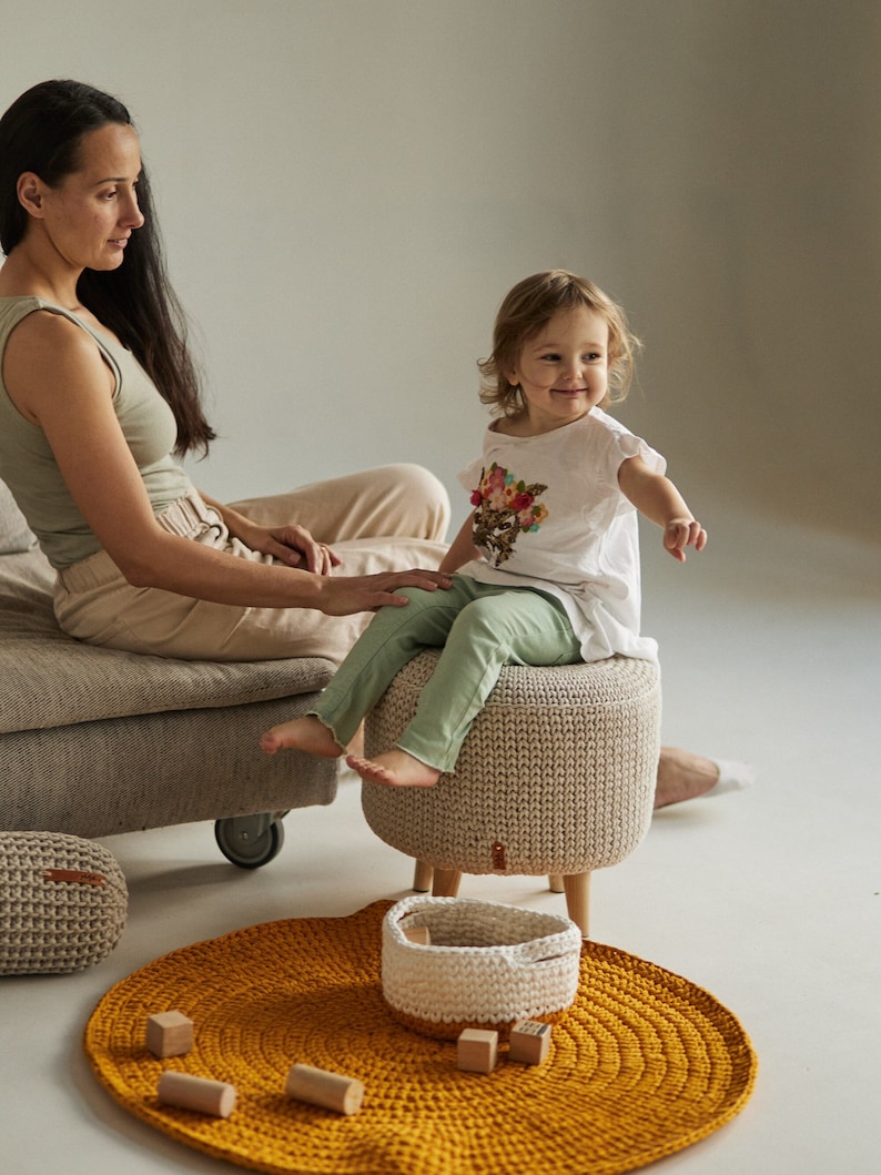 Set of Crocheted Rug and Basket, Mustard Round Rug, Knitted Rug, Area Rug, 2 Color Crochet Storage Basket with Handles, Toy Storage, Honey Kids Room Decor,  Cotton Baby Area Rug, Baby Room Decor, Nursery Toy Storage, Baby Play Mat