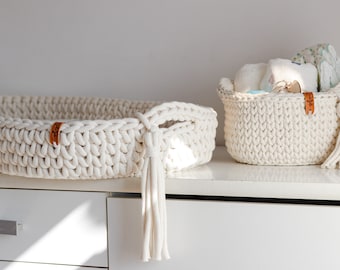 Set of Crocheted Baby Changing Basket with Mattress and Storage Baskets in Natural Color, Baby Changing Mat, Baby Girl White Nursery Decor