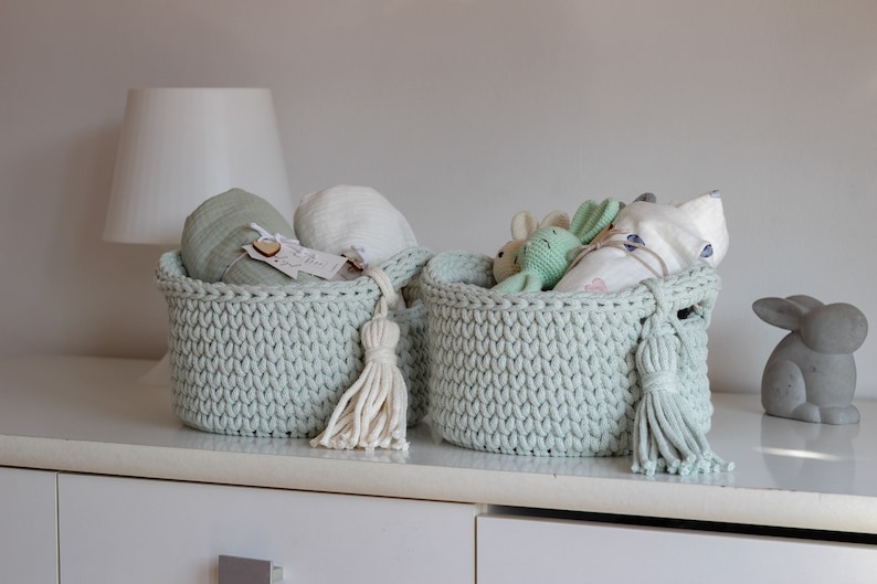 Dust Mint Cotton Crochet Diaper Basket, Mint Crochet Storage Basket, Neutral Nursery Decor, Baby Shower Gift, Mom To Be Gift, New Parents Gift, Baby Dresser Storage, Milk Green Nursery Storage, Toy Storage, Changing Table Diaper Storage, Bath Storage