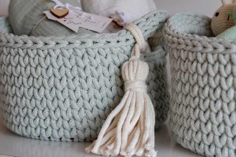 Dust Mint Cotton Crochet Diaper Basket, Mint Crochet Storage Basket, Neutral Nursery Decor, Baby Shower Gift, Mom To Be Gift, New Parents Gift, Baby Dresser Storage, Milk Green Nursery Storage, Toy Storage, Changing Table Diaper Storage, Bath Storage