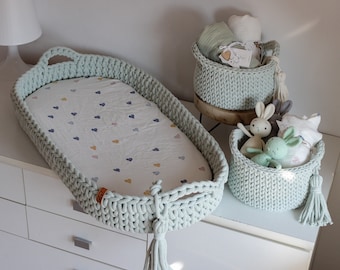 Dusty Mint Baby Changing Pad for Nursery Dresser, Crochet Baby Changing Basket, Diaper Changing Mat, Baby Shower Gift, New Parents Gift