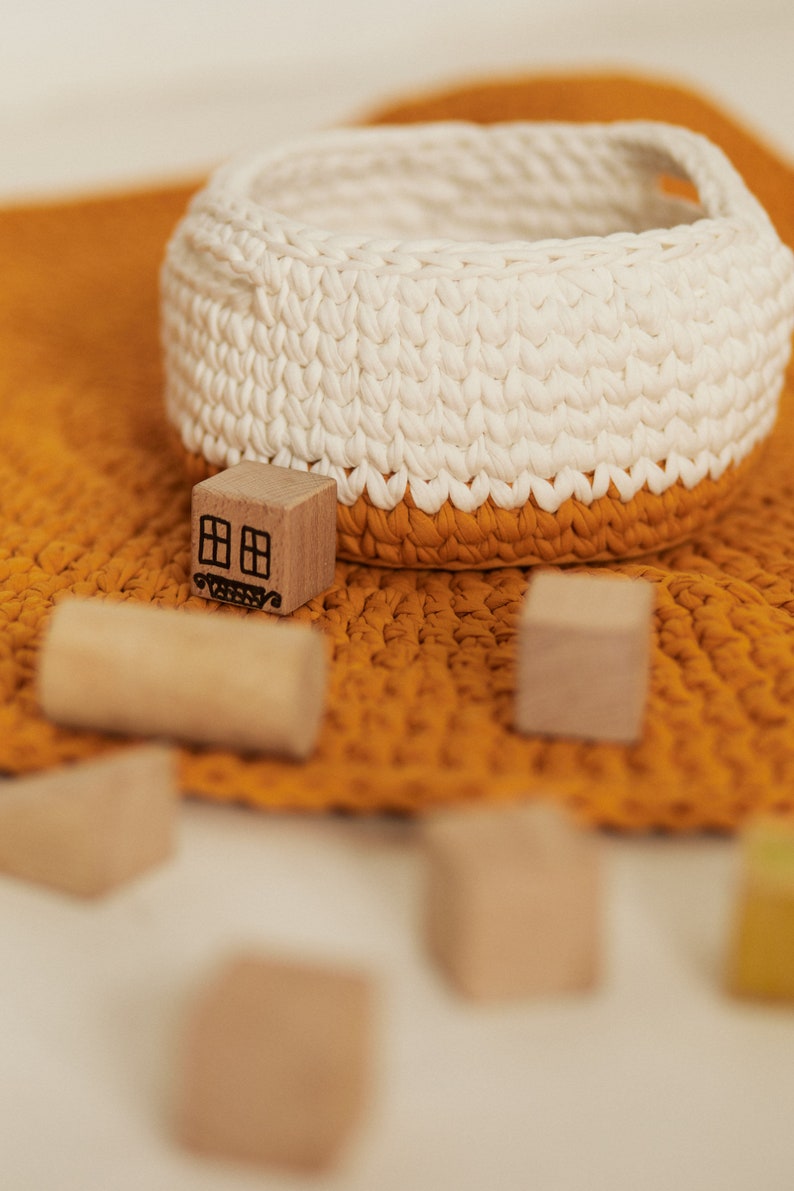 Set of Crocheted Rug and Basket, Mustard Round Rug, Knitted Rug, Area Rug, 2 Color Crochet Storage Basket with Handles, Toy Storage, Honey Kids Room Decor,  Cotton Baby Area Rug, Baby Room Decor, Nursery Toy Storage, Baby Play Mat