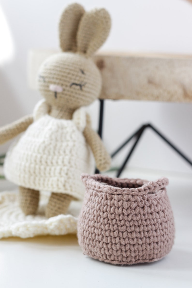 Gevuld speelgoed konijntje met kleding en accessoires, schattig mini beige cappuccino gehaakt konijntje, cadeau voor meisje, peuter meisje cadeau, baby cadeau idee afbeelding 8