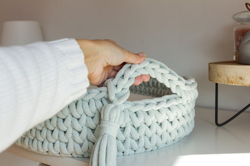 Crocheted Changing Basket, Baby Changing Basket with Mattress 46 Amazing Colors,  Baby Changing Mat, Pastel Dusty Mint Baby Changing Table, Nursery Accessories, Scandinavian Nursery Decor, Neutral Nursery Decor, Natural, Beige, Baby Shower Gift