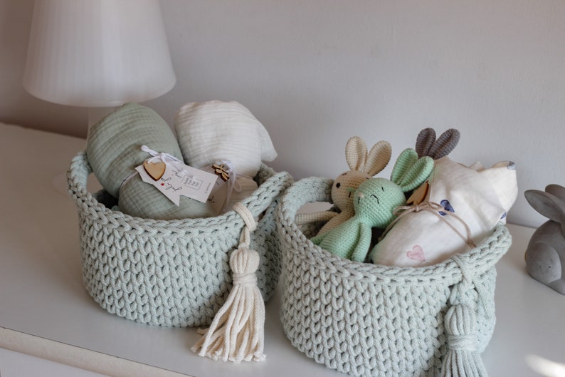 Dust Mint Cotton Crochet Diaper Basket, Mint Crochet Storage Basket, Neutral Nursery Decor, Baby Shower Gift, Mom To Be Gift, New Parents Gift, Baby Dresser Storage, Milk Green Nursery Storage, Toy Storage, Changing Table Diaper Storage, Bath Storage