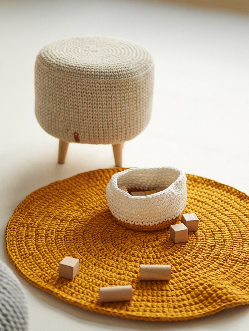 Set of Crocheted Rug and Basket, Mustard Round Rug, Knitted Rug, Area Rug, 2 Color Crochet Storage Basket with Handles, Toy Storage, Honey Kids Room Decor,  Cotton Baby Area Rug, Baby Room Decor, Nursery Toy Storage, Baby Play Mat