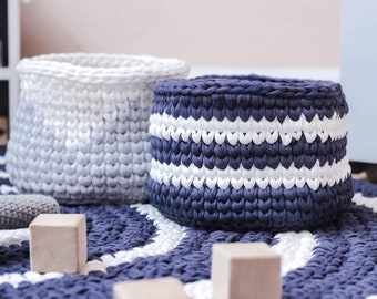 Crochet Basket 2 Color, Striped White Indigo Crochet Storage Basket, Nursery Decor, Nursery Organizer, Toy Storage, Kids Room Storage