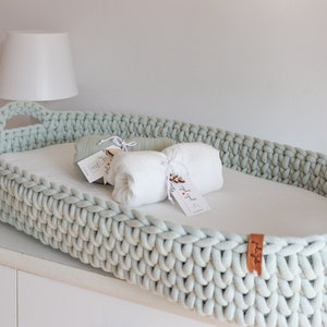 Crocheted Changing Basket, Baby Changing Basket with Mattress 46 Amazing Colors,  Baby Changing Mat, Pastel Dusty Mint Baby Changing Table, Nursery Accessories, Scandinavian Nursery Decor, Neutral Nursery Decor, Natural, Beige, Baby Shower Gift