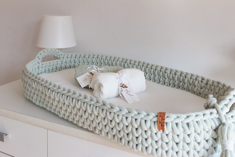 Crocheted Changing Basket, Baby Changing Basket with Mattress 46 Amazing Colors,  Baby Changing Mat, Pastel Dusty Mint Baby Changing Table, Nursery Accessories, Scandinavian Nursery Decor, Neutral Nursery Decor, Natural, Beige, Baby Shower Gift