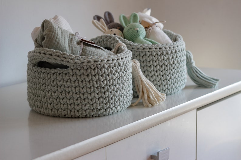 Dust Mint Cotton Crochet Diaper Basket, Mint Crochet Storage Basket, Neutral Nursery Decor, Baby Shower Gift, Mom To Be Gift, New Parents Gift, Baby Dresser Storage, Milk Green Nursery Storage, Toy Storage, Changing Table Diaper Storage, Bath Storage