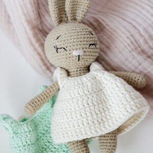 Stuffed Toy Bunny with Clothes and Accessories, Cute Mini Beige Cappuccino Crochet Bunny, Gift for girl, Toddler Girl Gift, Baby Gift Idea image 2