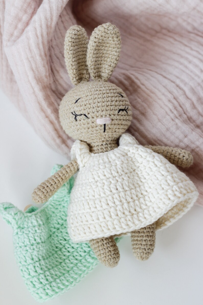 Stuffed Toy Bunny with Clothes and Accessories, Cute Mini Beige Cappuccino Crochet Bunny, Gift for girl, Toddler Girl Gift, Baby Gift Idea image 2