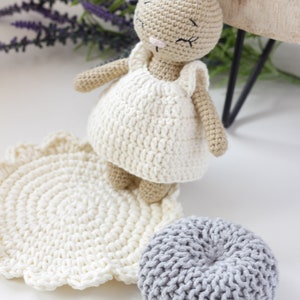 Stuffed Toy Bunny with Clothes and Accessories, Cute Mini Beige Cappuccino Crochet Bunny, Gift for girl, Toddler Girl Gift, Baby Gift Idea image 3