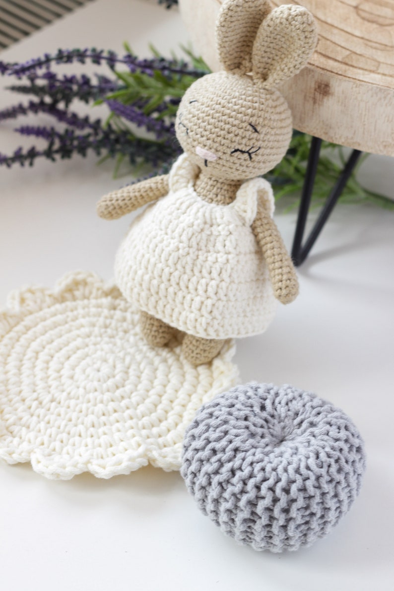 Stuffed Toy Bunny with Clothes and Accessories, Cute Mini Beige Cappuccino Crochet Bunny, Gift for girl, Toddler Girl Gift, Baby Gift Idea image 3