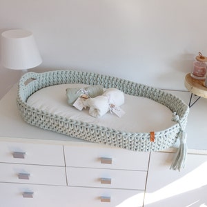 Crocheted Changing Basket, Baby Changing Basket with Mattress 46 Amazing Colors,  Baby Changing Mat, Pastel Dusty Mint Baby Changing Table, Nursery Accessories, Scandinavian Nursery Decor, Neutral Nursery Decor, Natural, Beige, Baby Shower Gift