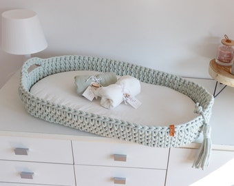 Baby Changing Basket, Neutral Nursery Decor, Diaper Changing Mat, Dusty Mint Crochet Changing Pad, Baby Shower Gift, New Parents Gift