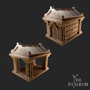 May include: Two stone mausoleums, one with a closed door and the other open, with a flat top and pillars. The mausoleums are made of a light brown stone with a weathered texture.