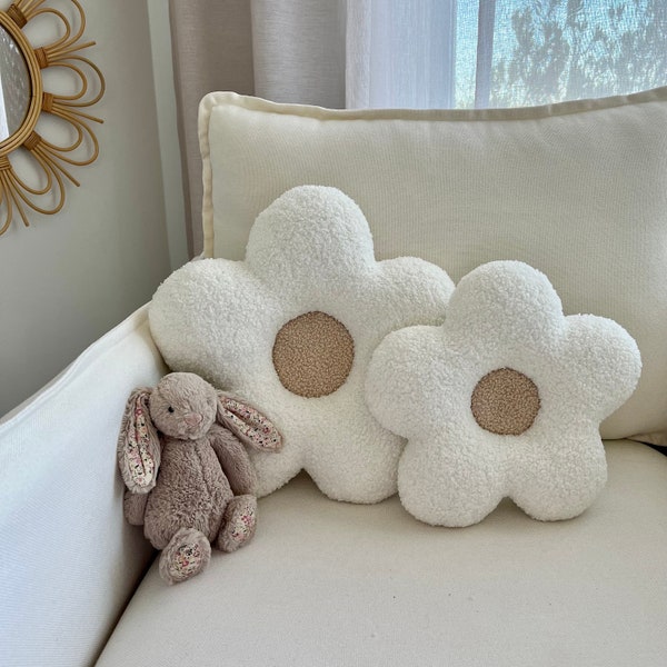 Sand and White Daisy flower shaped cushion  made with a textured boucle like Teddy fabric perfect to decorate kids bedroom/nursery/sofa