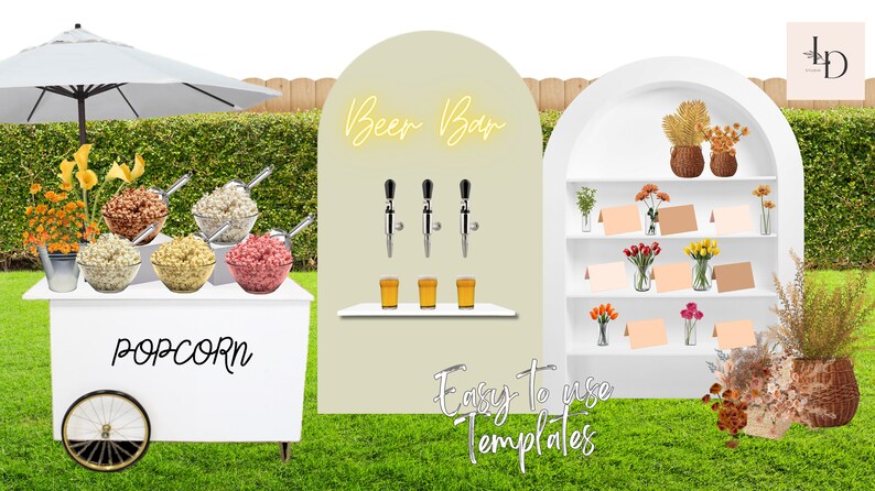 3D realistic event mockup png digital template using canva design for artists designers planners business wedding kids party balloon backdrop bridal shower baby shower birthday tablescape table setting planner event planning popcorn bar grazing table