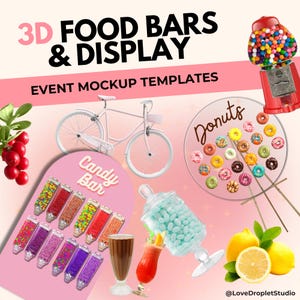 BARS & FOOD DISPLAYS event wedding party mockup food dessert grazing table cakes stand backdrop decor kids candy bar donut stand cart buffet