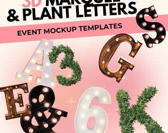 Modèles de maquette de lettres LED et plantes : style d'événement (téléchargement numérique)