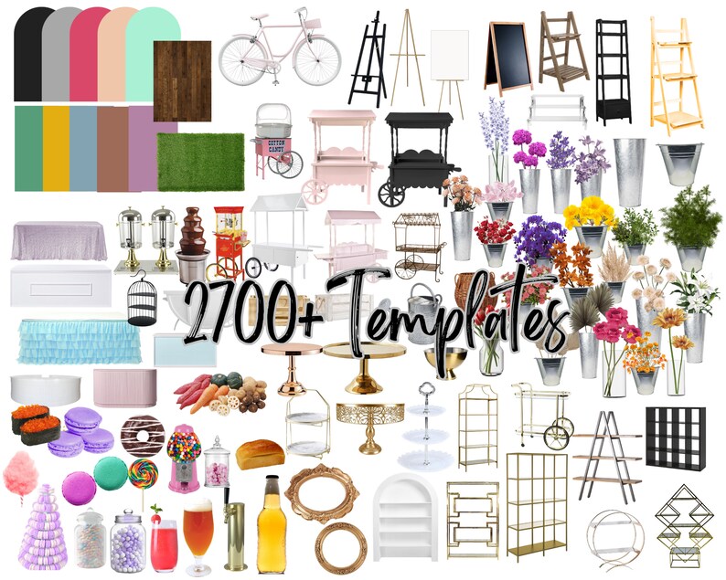 2700+ 3D mockup template bundle for food display like buffet, candy bars, flower bar grazing table