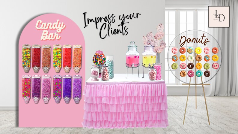 3D realistic event mockup png digital template using canva design artists designers planners business. wedding, kids party, balloon, backdrop, bridal shower baby shower, birthday table setting, planner event planning, dessert table, candy bar grazing