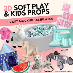 以下が含まれることがあります： ソフトプレイと子供用小道具の3Dモックアップテンプレート。画像には、ロッキングホース、トランポリン、ボールプール、おもちゃの車、スイカ、ぬいぐるみタイガー、ぬいぐるみカウ、ぬいぐるみバニー、アルファベットブロックのセットなど、さまざまな小道具が示されています。