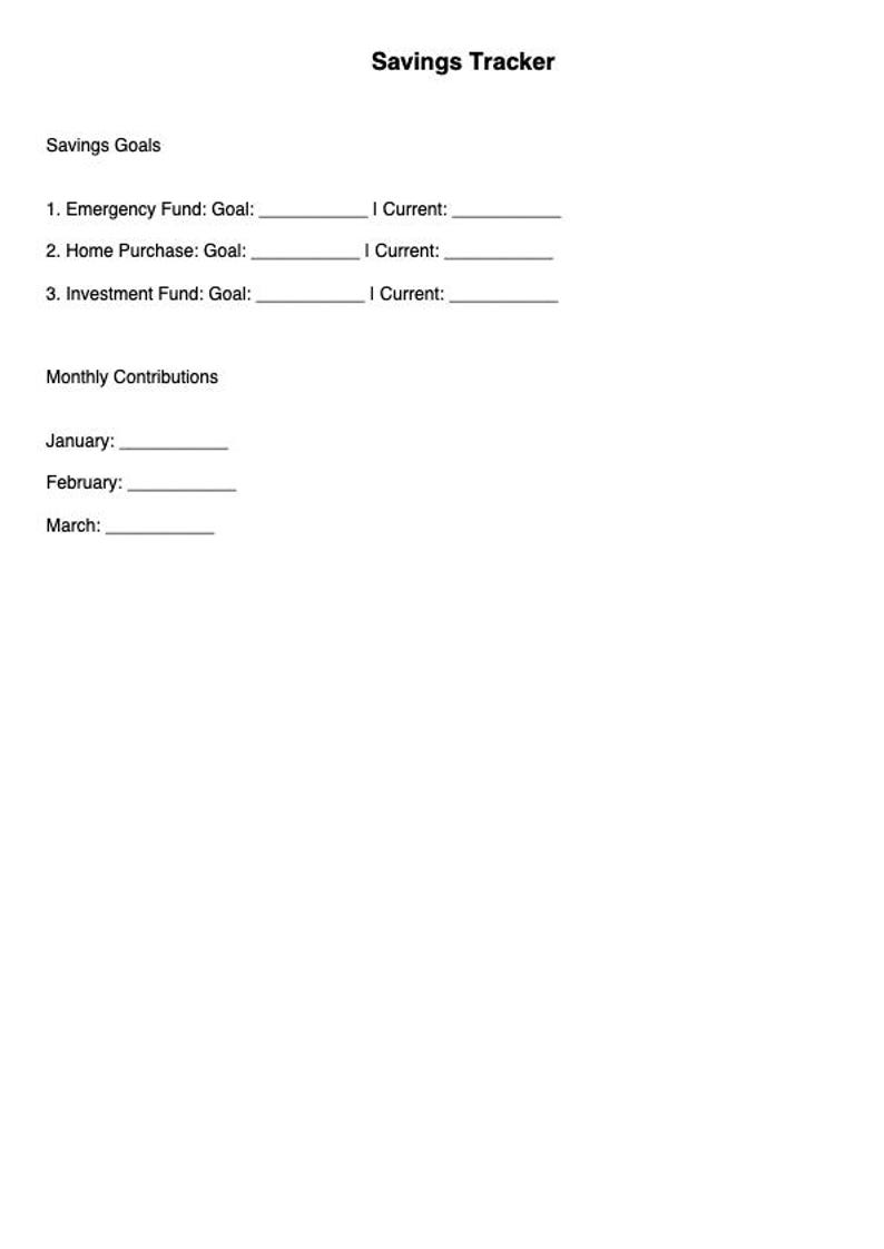 K&ouml;nnte beinhalten: Ein druckbarer Sparplan mit Abschnitten f&uuml;r Sparziele, aktuelles Guthaben und monatliche Beitr&auml;ge. Der Plan bietet Platz f&uuml;r die Auflistung von drei Sparzielen mit Abschnitten f&uuml;r den Zielbetrag und den aktuellen Sparbetrag. Der Plan bietet auch Platz f&uuml;r die Auflistung der monatlichen Beitr&auml;ge f&uuml;r Januar, Februar und M&auml;rz.