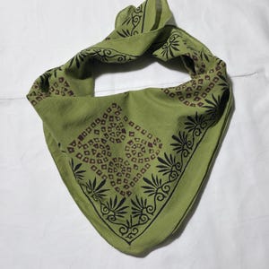 Moss Green Block Print Cotton Bandana: Handmade Square Scarf