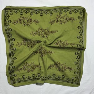 Moss Green Block Print Cotton Bandana: Boho Neckerchief